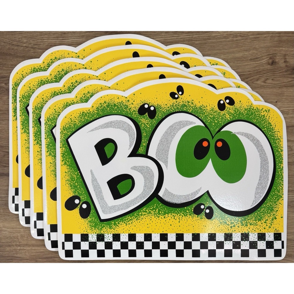 Vintage 2001 B&D BOO Halloween Placemats Set 5 Y2K Checkered Bug Eyes Glitter
